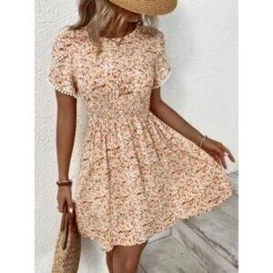 SHEIN VCAY Ditsy Floral Print Guipure Lace Trim Petal Sleeve Shirred Dress Size